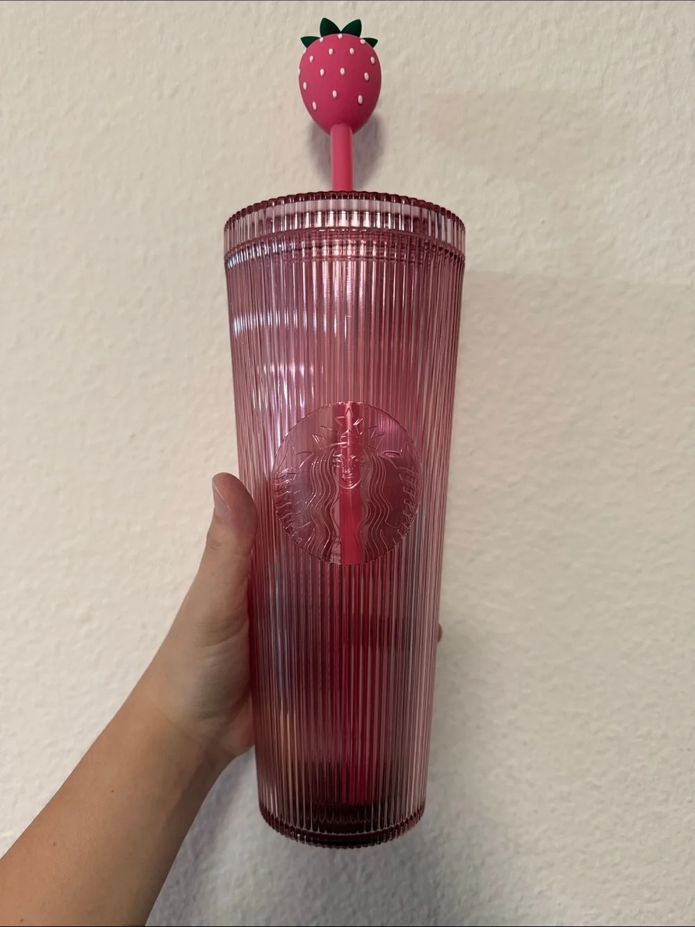 Starbucks Pink Ribbed Tumbler with Strawberry Topper